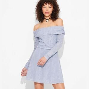 Wild Fable Women's Long Sleeve Flocked Mini Fit and Flare Holiday Dress Blue M